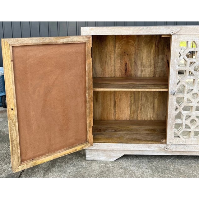 Coastal Boho Carved Glass Door Whitewashed Cabinet For Sale In Philadelphia - Image 6 of 9