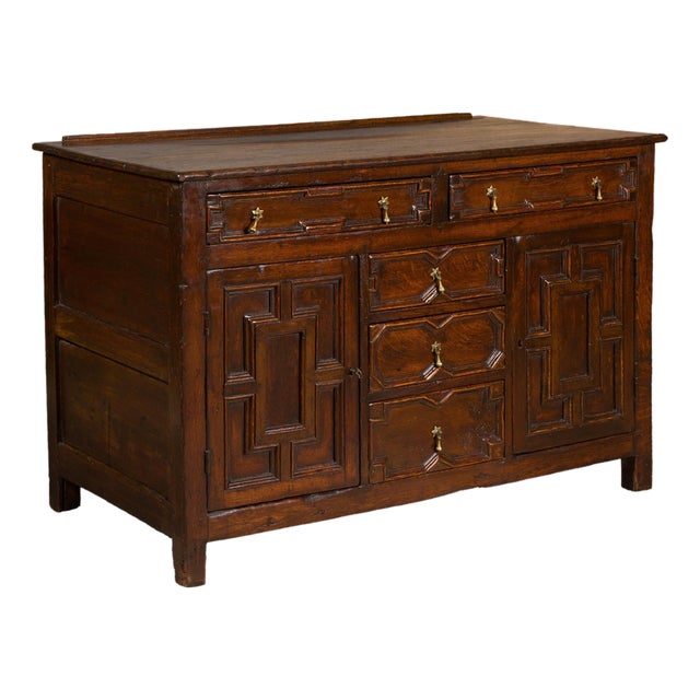 English 19th Century Oak Dresser Base with Geometric Front, Drawers and Doors For Sale