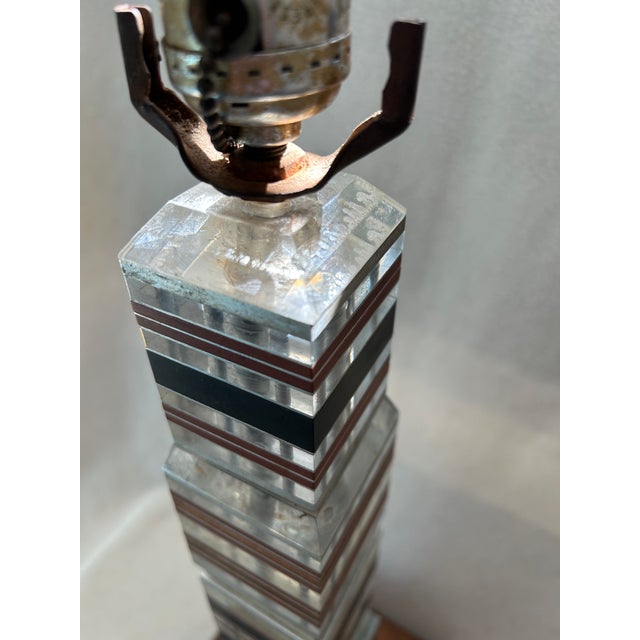 Mid-Century Modern Mid 20th Century Mid Century Modern Stacked Lucite Acrylic Ebony Mahogany Aluminum Teak Skyscraper Table Lamp For Sale - Image 3 of 13
