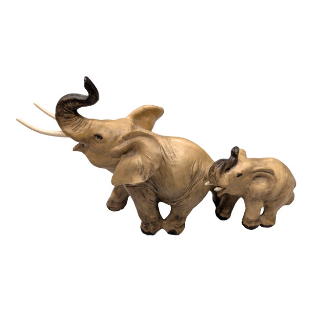 Vintage Italian Ceramic Elephant Figurines – Guido Cacciapuoti Mother & Baby Calf Sculpture, Mid-Century Animal Décor, Made in Italy For Sale