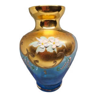 Vintage Bohemian Signed Vecchia Murano Vase, 24 K Gold Hand Made For Sale