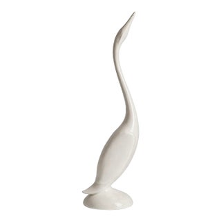Signed Mid-Century Modern Ceramic Crane Sculpture by B. Brenner, Ivory Glaze For Sale