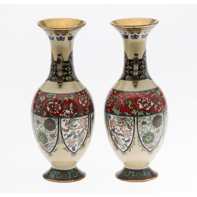 Japanese Pair Japanese Cloisonne Enamel Vases With Phoenix Panels Meiji Period For Sale - Image 3 of 10