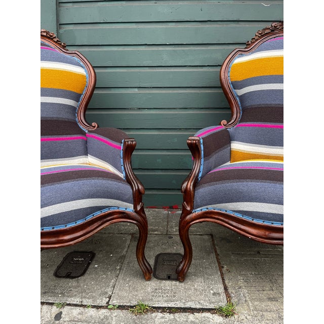 Antique Bohemian Stripped Upholstered Rustic Armchairs (All New Upholstery) Set of 2 For Sale - Image 4 of 12