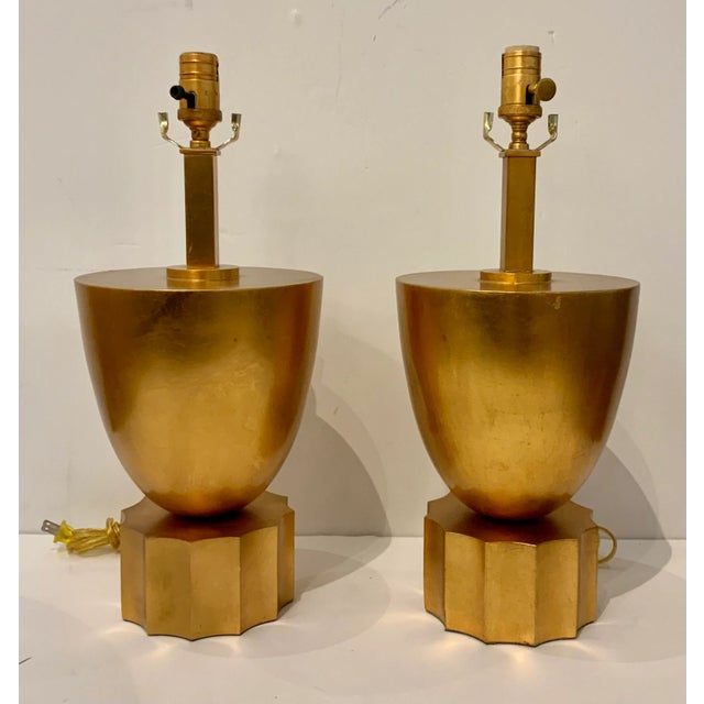 2020s Currey & Co. Modern Gold Leaf Finished Table Lamps Pair as Is For Sale - Image 5 of 5
