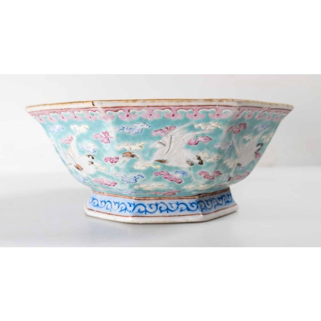 Ceramic 19th Century Chinese Turquoise and Famille Rose Octagonal Bowl With Cranes, Tongzhi Period For Sale - Image 7 of 15