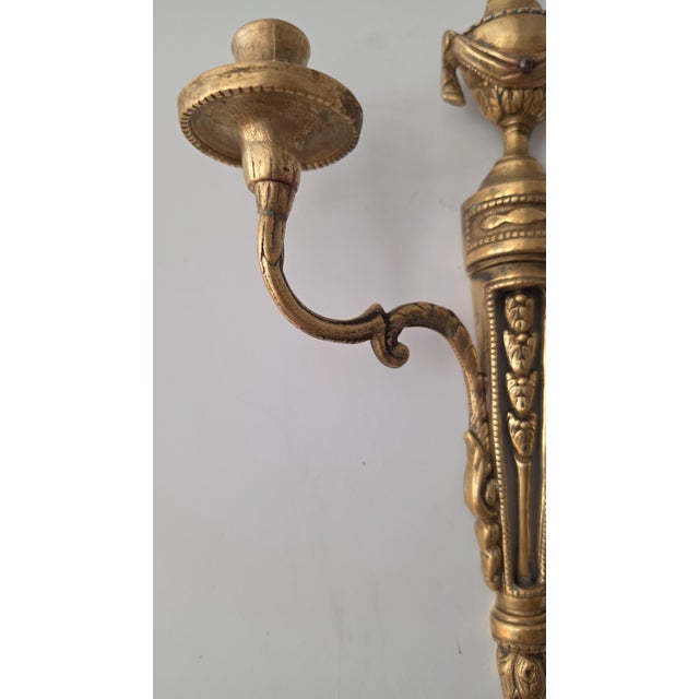 Pair Vintage Bronze Wall Candle Sconces, French Regency Style Candelabra, Hollywood Regency Brass Wall Decor, Neoclassical Candle Holders For Sale - Image 10 of 14
