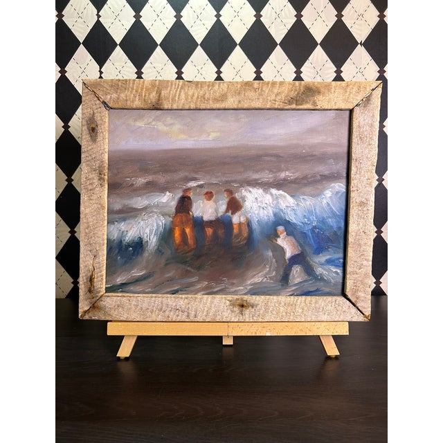 1990s Original Coastal Figural Seascape Oil Painting in Rustic Wood Frame, 18" For Sale - Image 11 of 16