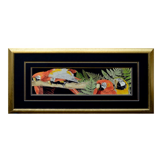 1990s Scarlett Macaw Parrots and Ferns Watercolor, Large-Scale Horizontal Panorama For Sale