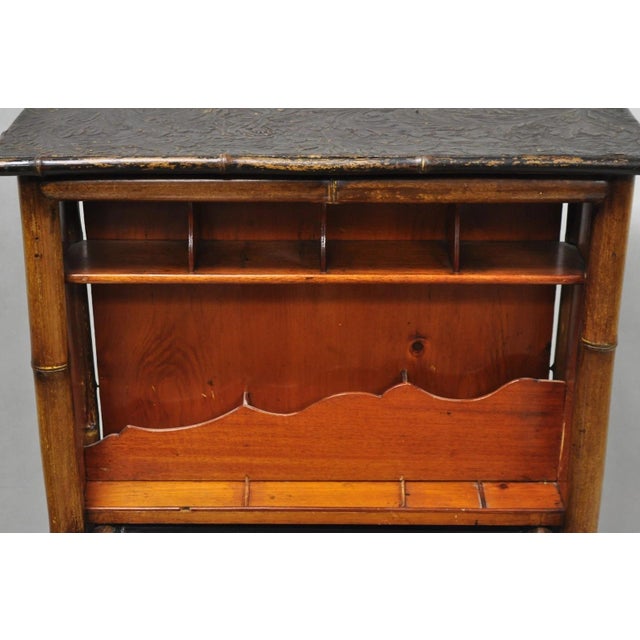 Antique English Victorian Bamboo Chinoiserie Compact Fall Front Secretary Desk For Sale In Philadelphia - Image 6 of 18