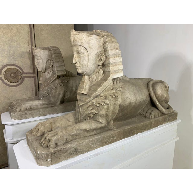 Impressive Large Pair Antique Sphinxes of Weathered White Marble on Custom Wood Bases For Sale - Image 4 of 15