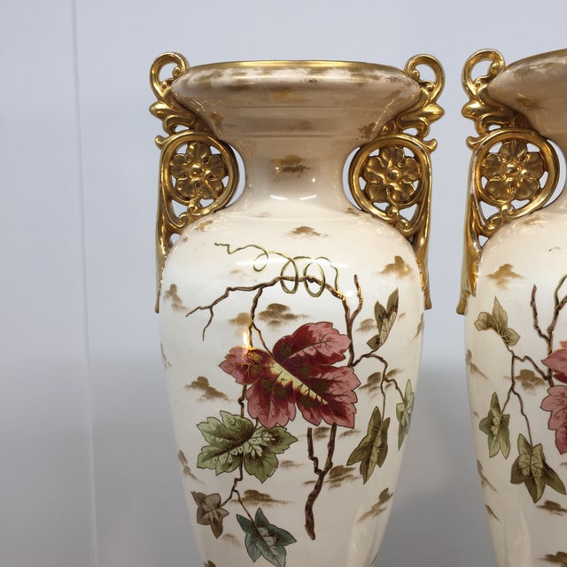 Ceramic Pair of Large Apposing Royal Bonn Handled Vases in Floral and Bird Motif For Sale - Image 7 of 18