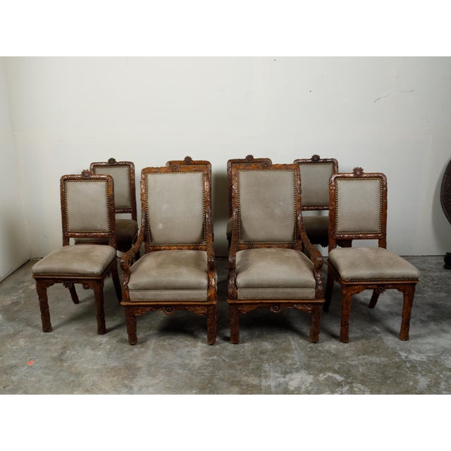 Early 20th Century Set of Eight 1920s Black Forest Dining Room Chairs with Hand-Carved Floral Décor For Sale - Image 5 of 12