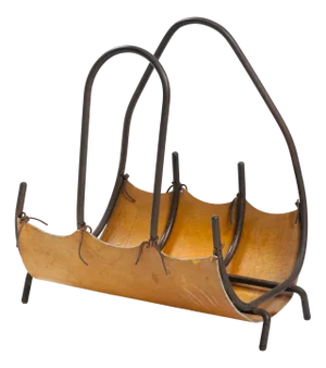 Leather and Steel Log Basket in Black Steel and Tan Leather with Asymmetric Handles, Spain, 1960s