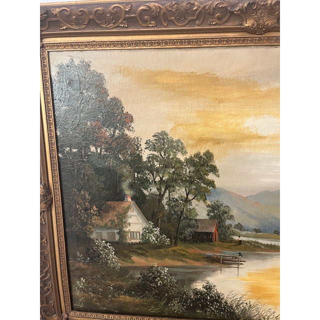 Wood Antique River Landscape Oil Painting, Signed L. Couldwell, Ornate Gilt Frame For Sale - Image 7 of 10