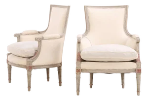 A Pair of Louis XVI Style Grey Painted and Partial Gilt Bergere Chairs, C. 1940.