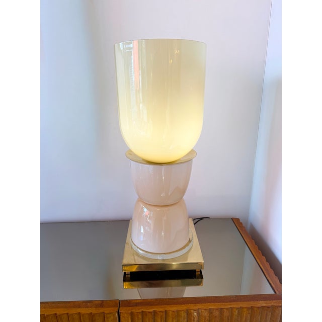 Contemporary Brass and Pink Powder Murano Glass Cup Lamps - Pair For Sale - Image 11 of 12