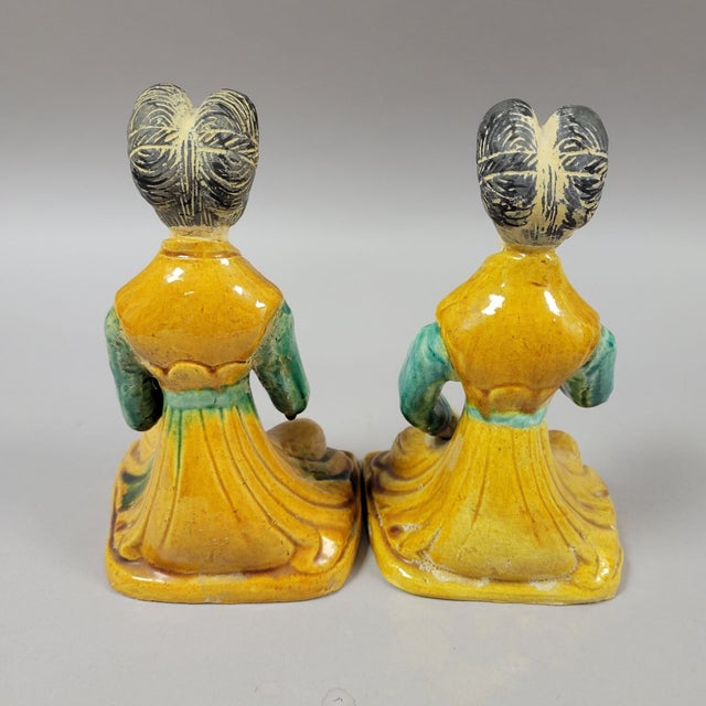 Mid 20th Century Vintage Chinese Glazed Pottery Seated Female Musicians Figurines Statues For Sale - Image 5 of 8