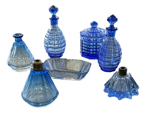 Pressed Glass Perfume Bottles and Powder Jar, 1940s, Set of 7