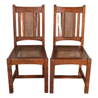 Lifetime Furniture Antique Mission Oak and Cane Arts & Crafts Side Chairs or Dining Chairs, Pair For Sale