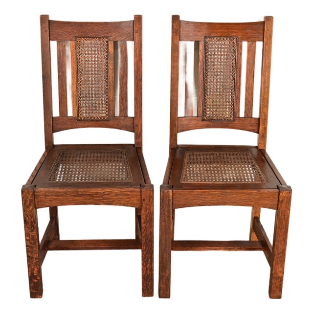 Lifetime Furniture Antique Mission Oak and Cane Arts & Crafts Side Chairs or Dining Chairs, Pair For Sale