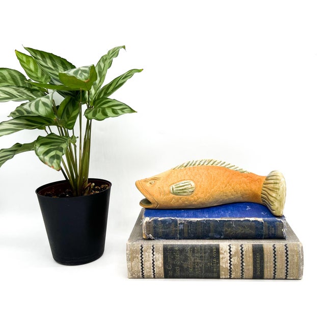 Charming, pottery fish wall pocket crafted in warm terracotta-toned stoneware with soft celadon-green glazed fins and...