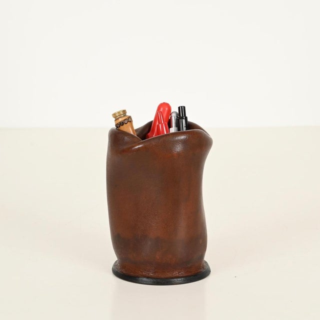 Italian Brown Curved Leather Pen Holder by Nova Tecno, Italy, 1950s For Sale - Image 9 of 12