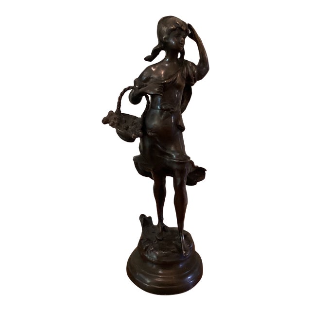Antique Victorian Period Italian Bronze Sculpture of a Walking Girl W/Fruit Basket Circa 1900 For Sale