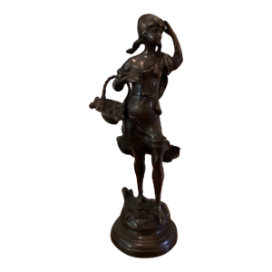 Antique Victorian Period Italian Bronze Sculpture of a Walking Girl W/Fruit Basket Circa 1900