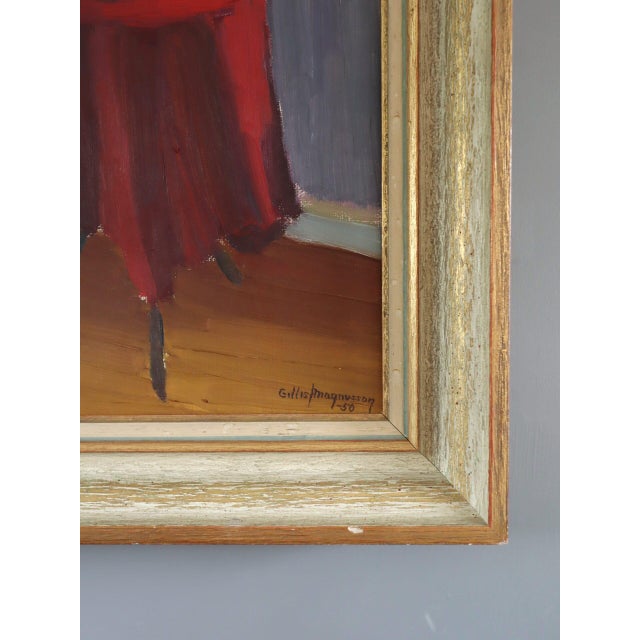 Textile 1950 Mid-Century Modern 'The Red Table' Swedish Original Interior Oil Painting, Framed For Sale - Image 7 of 11