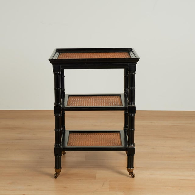 1960s Pair of Vintage British Colonial Style Faux Bamboo Three Tiered Caned Stands For Sale - Image 5 of 17