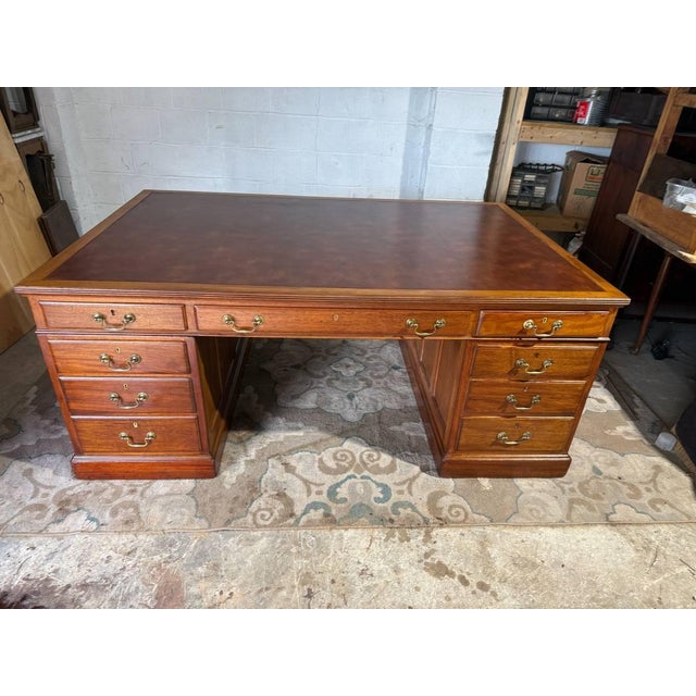 19th Century Large Size Antique English Geogra Style Oak Leather Top Double Pedestal Partner Executive Desk. Traditional...