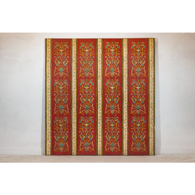 Late 20th Century Four-Panel Red Lacquer Folding Screen with Hand-Painted Floral Scrollwork For Sale - Image 5 of 12