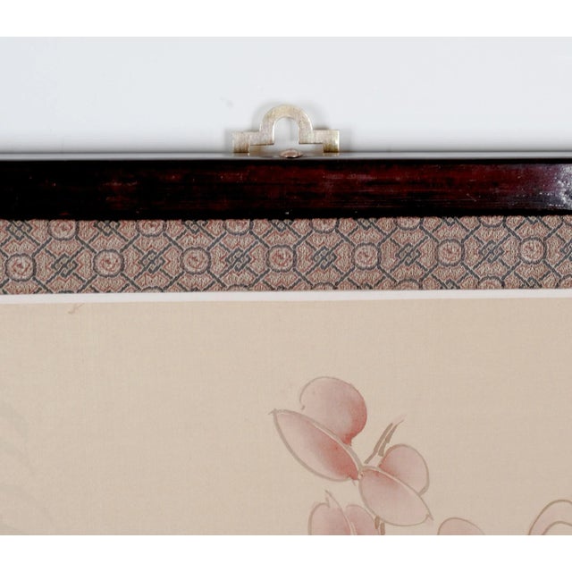 Tan 1960s Japanese Byobu "Blue Birds White Flowers" 4-Panel Folding Screen Very Good + For Sale - Image 8 of 12