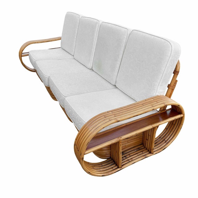 1940s Restored Rattan Six-Strand Shelf Arms Sofa and Chair Set For Sale In Los Angeles - Image 6 of 11