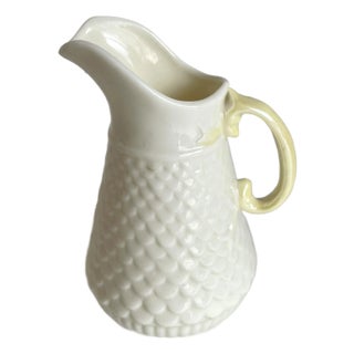 Vintage Belleek Ireland Porcelain Creamer Yellow Handle Basketweave Pattern For Sale