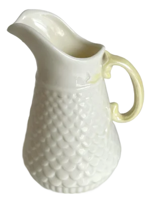 Vintage Belleek Ireland Porcelain Creamer Yellow Handle Basketweave Pattern