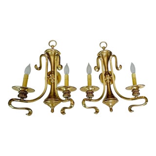 1960s French Brass Double Arm Wall Sconce - a Pair For Sale