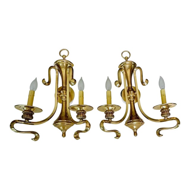 1960s French Brass Double Arm Wall Sconce - a Pair For Sale