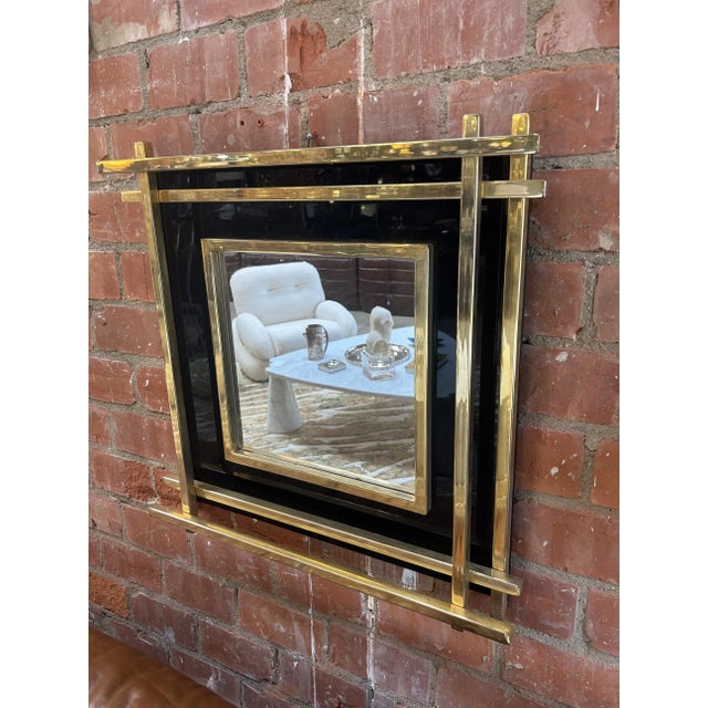 Italian Mid-Century Wall Mirror Black & Brass, 1970s For Sale In Los Angeles - Image 6 of 11