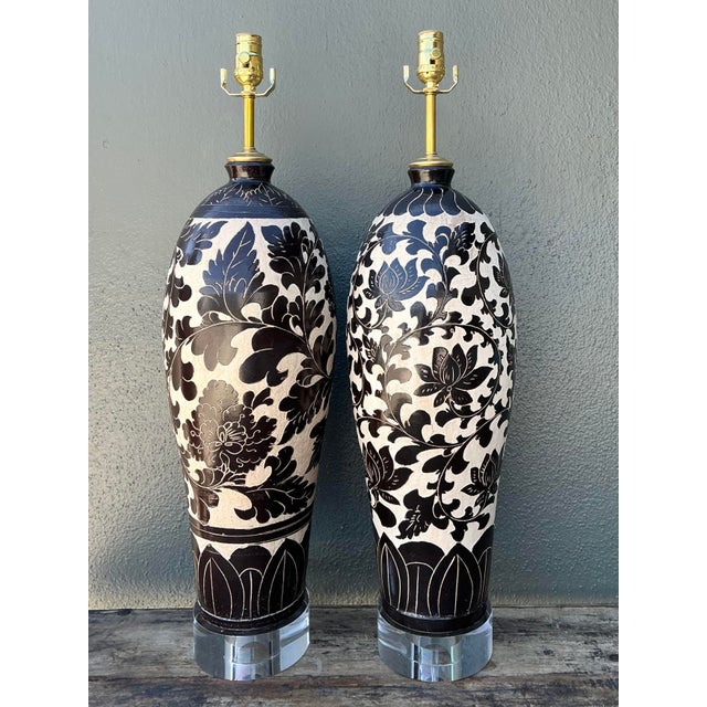 Vintage Matte Glazed Ceramic Floral Lamps - A Pair For Sale - Image 4 of 12