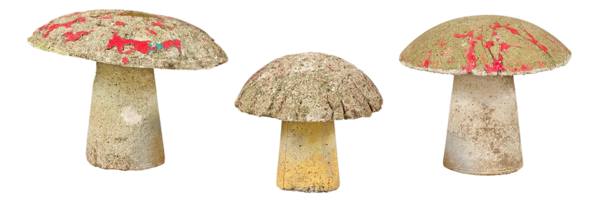 Set of Three American Midcentury Painted Concrete Mushroom Garden Ornaments