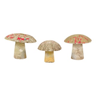 Set of Three American Midcentury Painted Concrete Mushroom Garden Ornaments For Sale