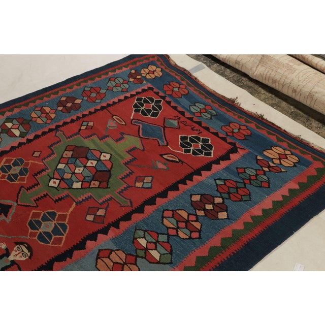 1920s Antique Bidjar Kilim Rug in Red, Blue Tribal Geometric Pattern For Sale - Image 5 of 8