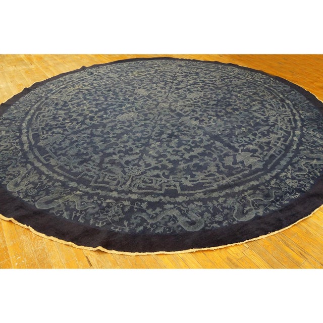 1900s Dark Blue Field Traditional Dragon Floral Antique Chinese Peking Round Rug For Sale - Image 9 of 9