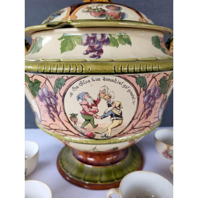 Art Nouveau Antique Mettlach Pottery Punch Bowl and Matching Cups For Sale - Image 3 of 17