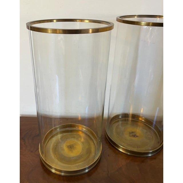 Large Ralph Lauren Brass and Glass Hurricane Pillar Candle Shades - a Pair For Sale - Image 9 of 12