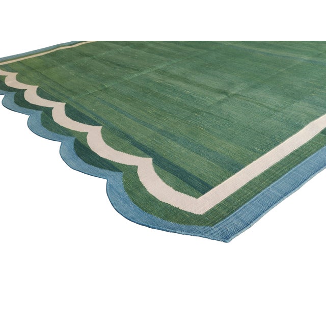 Handmade Cotton Vegetable Dyed Rug, Scalloped Forest Green Dhurrie - 14'x16' For Sale - Image 6 of 12