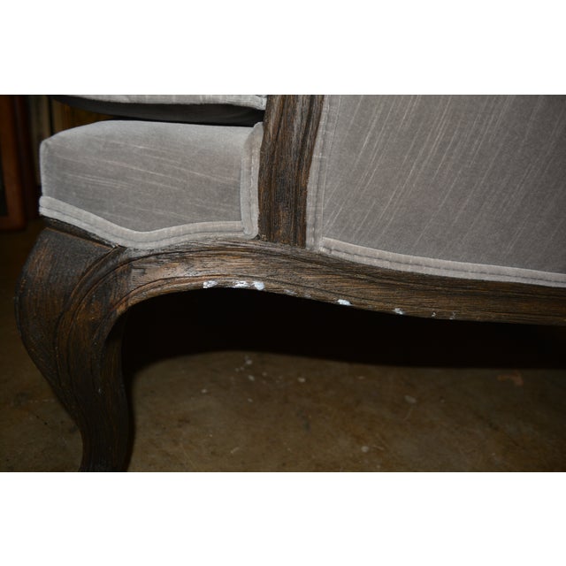 Restoration Hardware Pair Lorraine Gray Velvet Wing Back Bergere Arm Chairs W/ Wood Surround For Sale - Image 15 of 17