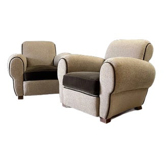 1930s French Art Deco Club Chairs in Danish Tweed and Chocolate Mohair - Set of 2 For Sale